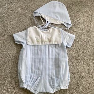 Blue & white baby bubble with embroidered train collar